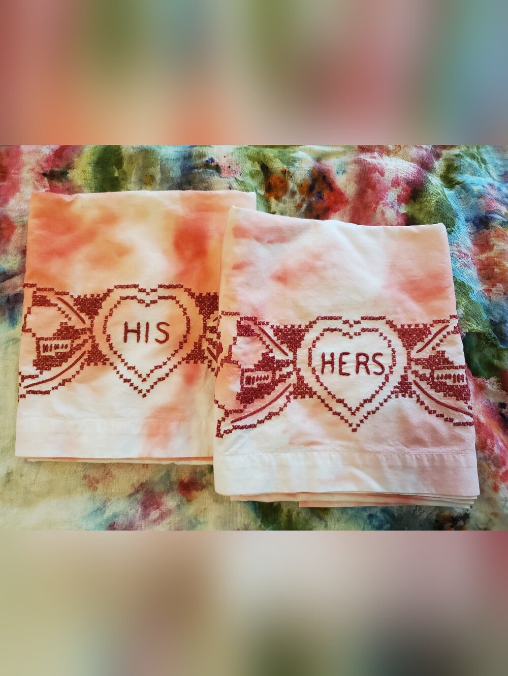 Vintage His and Hers Embroidered Heart Tye Dyed Cotton Pillowcases